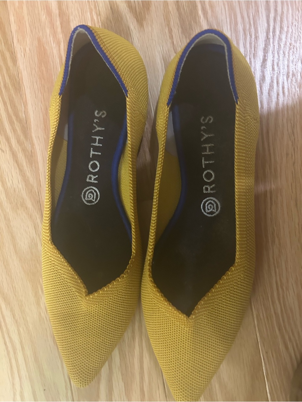 Rothy's Pointed Knit Flats in Mustard Yellow with Blue Trim